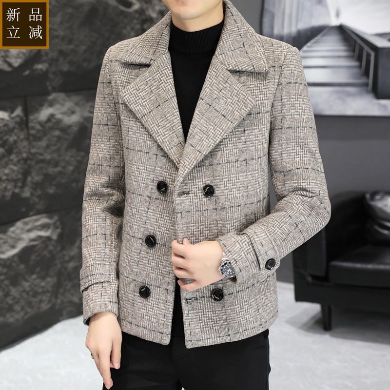 品质毛呢外套男翻领秋冬季呢子外套男潮羊毛呢格子短款双排扣风衣