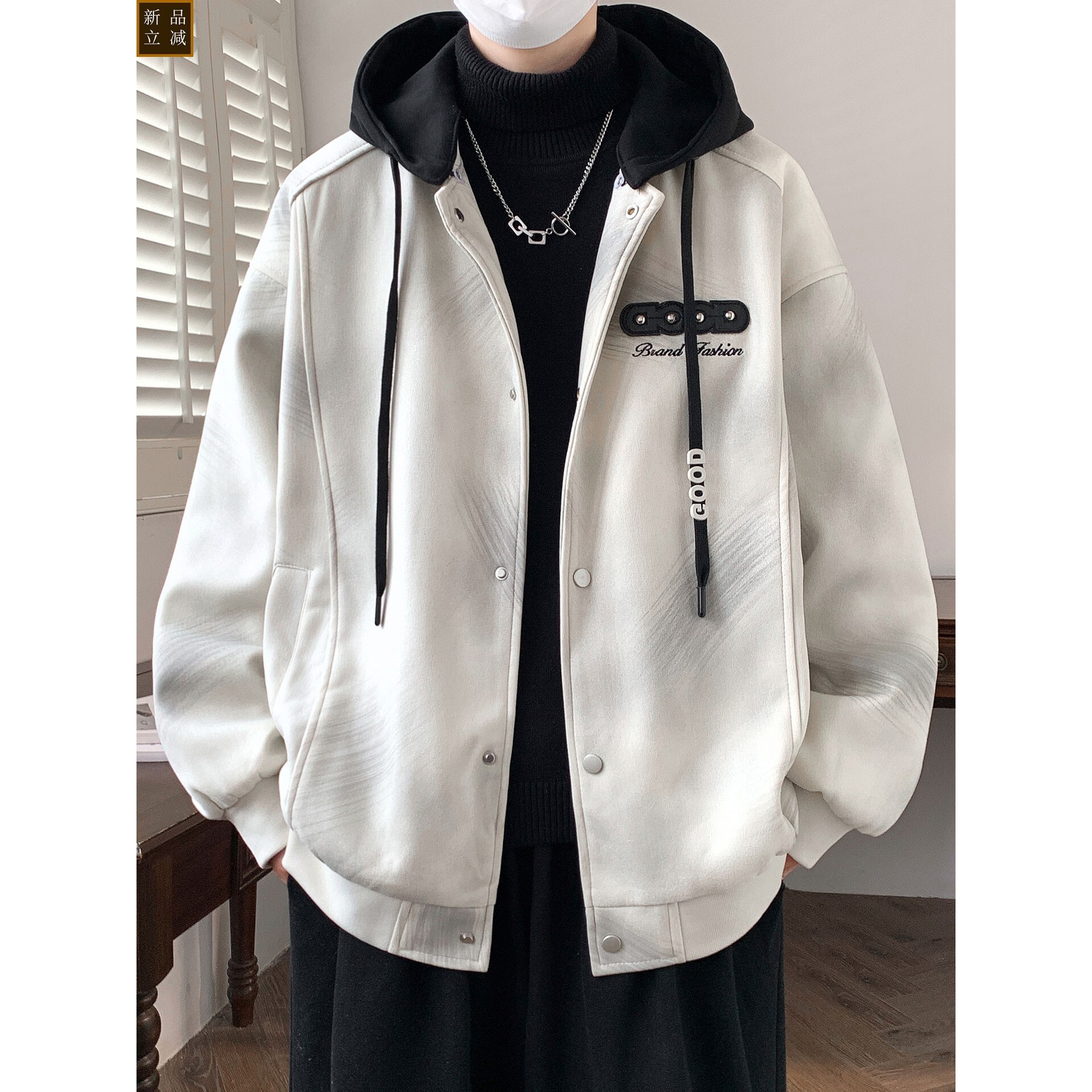 休闲风外套春秋冬季可拆卸帽夹克男款潮牌假两件春装美式复古衣服图片