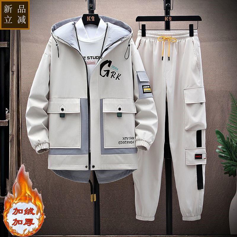 品质套装男秋冬加绒加厚外套男潮ins百搭宽松男生衣服男裤子一套