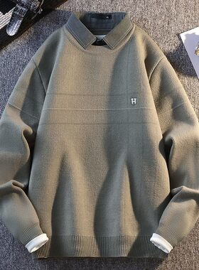 品质高端轻奢假两件毛衣男款秋冬季潮牌刺绣简约加厚衬衫领打底针