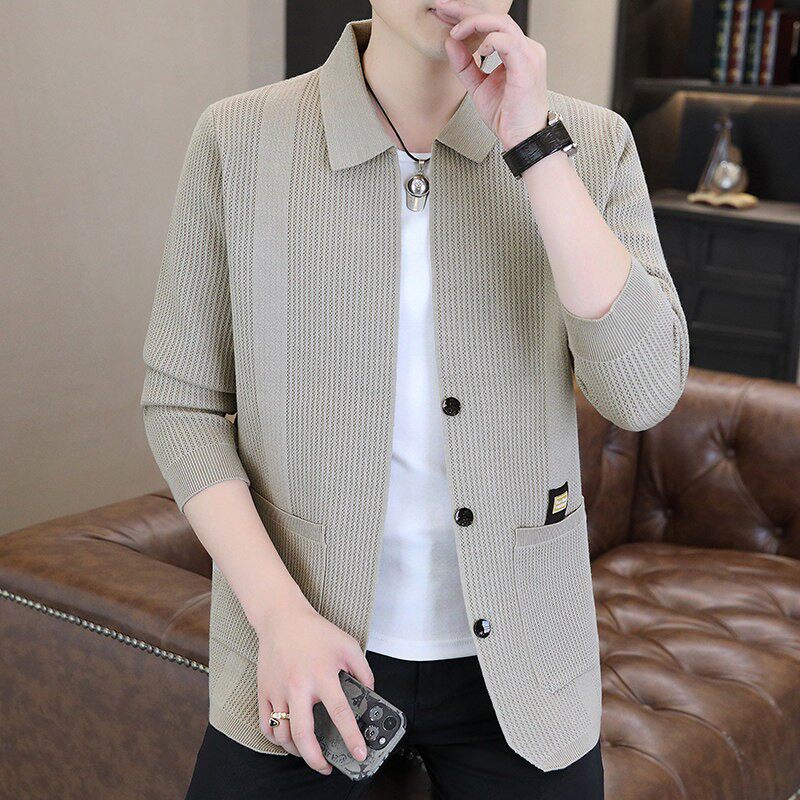 春秋季薄款翻领开衫毛衣男士韩版潮流休闲青年高端针织衫夹克外套