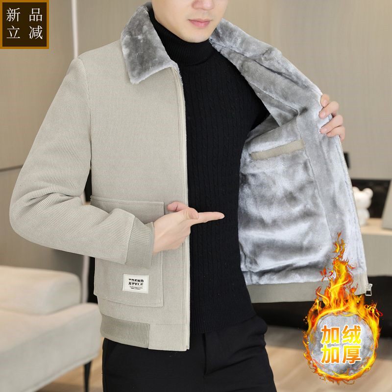 品质冬季新款加绒加厚翻领毛呢短款夹克棉衣休闲纯色呢子大衣服外