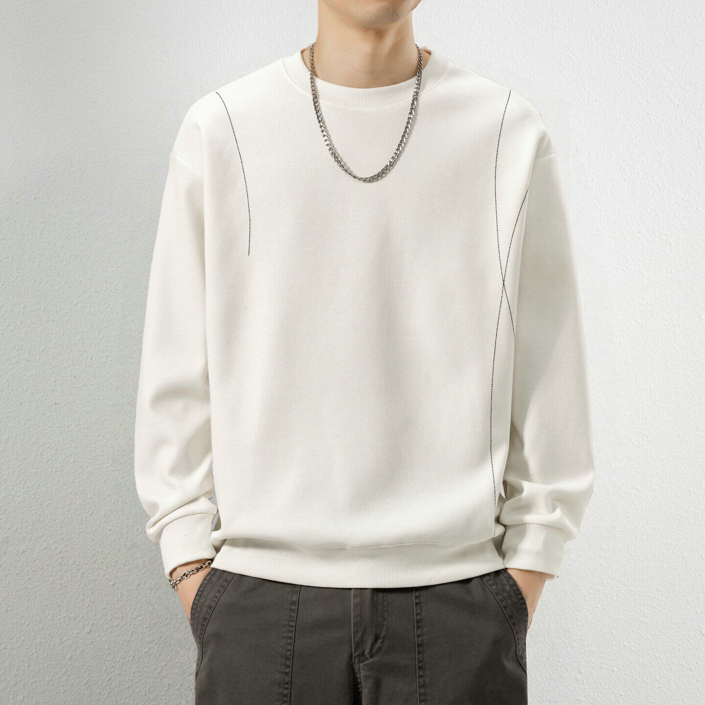 2026春季新款白色卫衣男圆领重磅打底百搭刺绣春秋落肩款长袖T恤