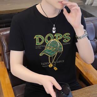 刺绣烫钻冰丝男士短袖t恤夏季潮流时尚速干半袖ins潮牌痞帅上衣薄