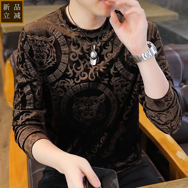 品质男士金丝绒卫衣长袖套头休闲打底衫中青年秋冬季潮流上衣T恤