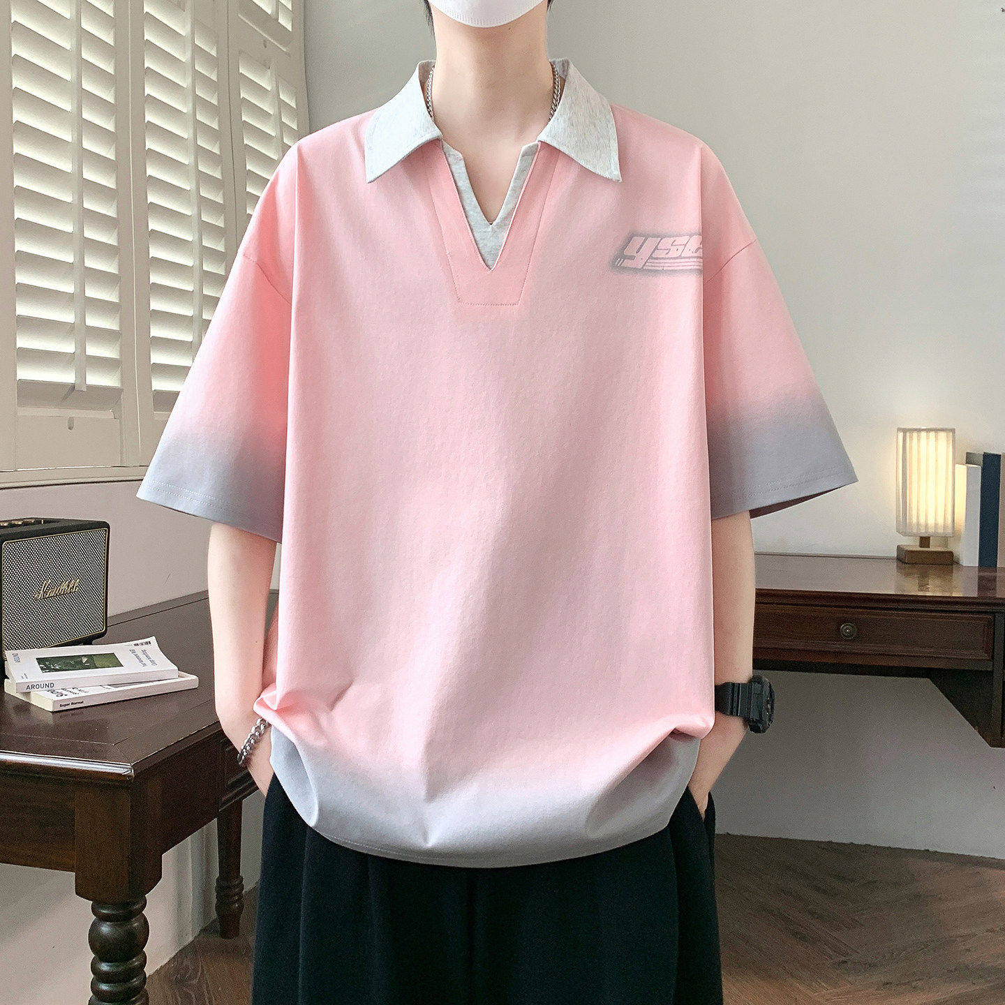 青少年翻领短袖t恤男夏季款潮牌冰丝棉高中学生半袖体恤高端上衣V