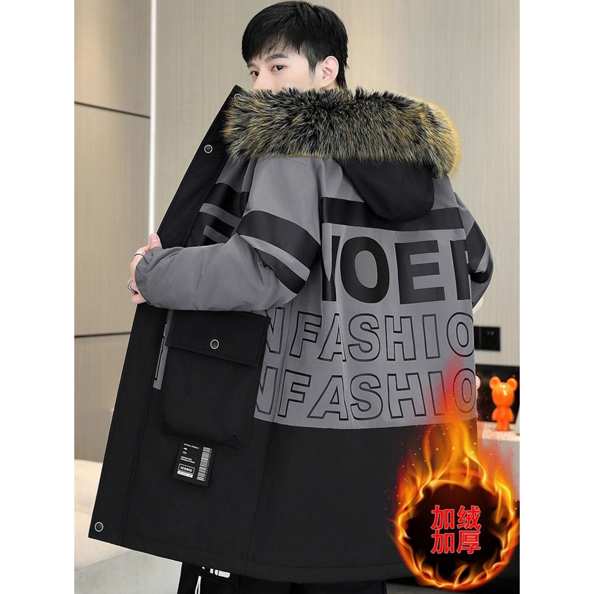 中长款派克服男士保暖加绒加厚大毛领外套冬季休闲棉衣服加绒夹克