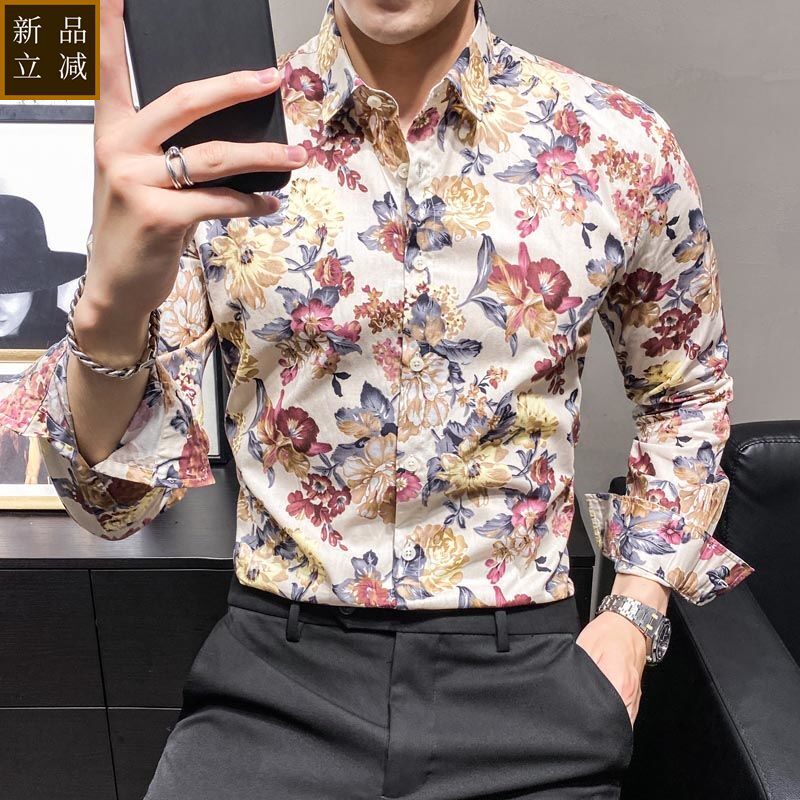 品质网红花衬衫痞帅炸街男士衬衫长袖韩版修身气质休闲个性全棉衬