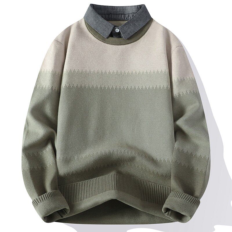 假两件毛衣男秋冬季2024新款打底针织衫衬衫领男款加厚毛线衣外套