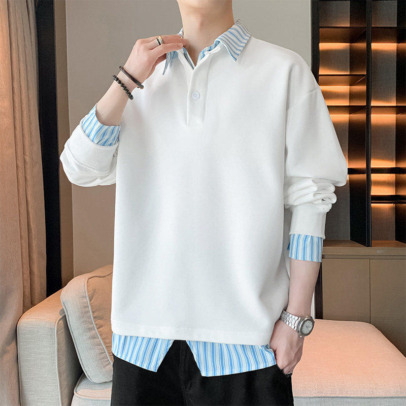 假两件POLO衫男春秋季美式条纹拼接翻领长袖t恤高级感痞帅打底衫