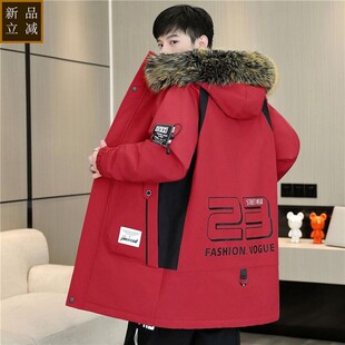 品质冬季中长款男士加绒加厚外套休闲保暖连帽毛领棉衣派克服夹克