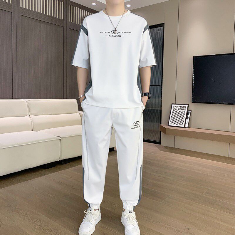 冰丝休闲运动套装男短袖T恤夏季潮牌夏天薄款男装长裤搭配一整套
