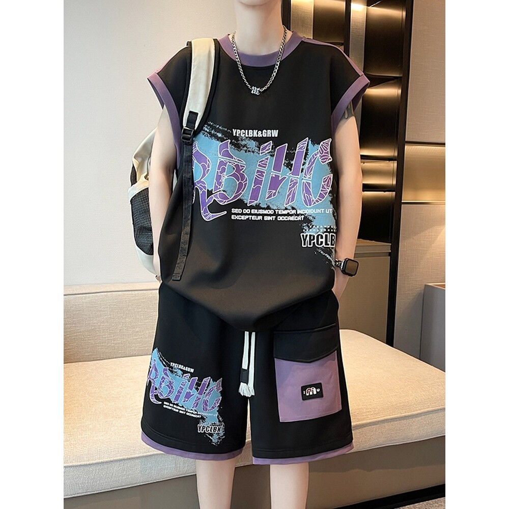 运动套装男夏季帅气休闲工装短裤男青少年篮球服t恤短袖一套搭配