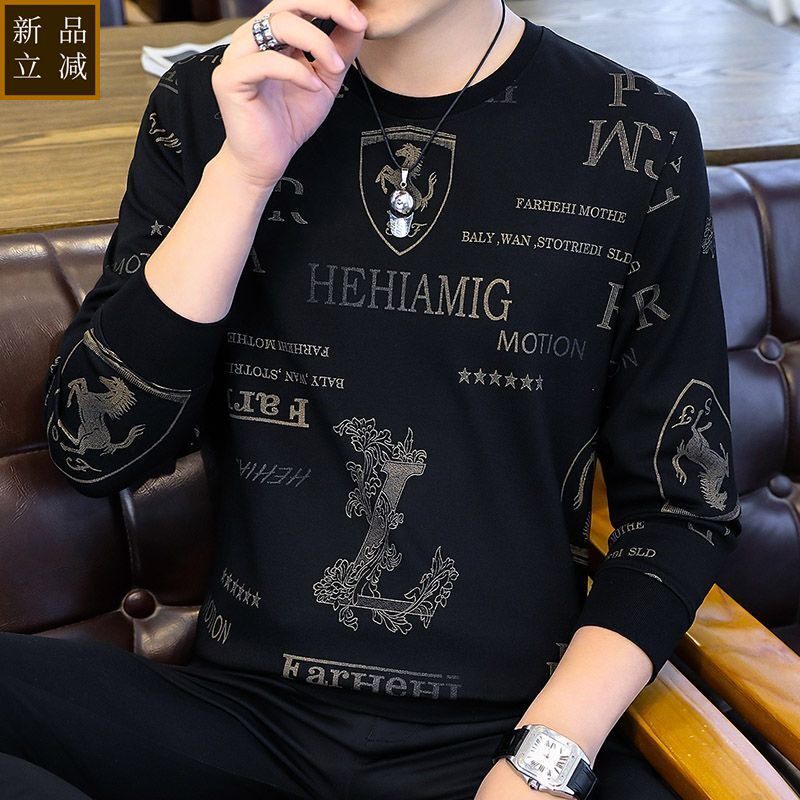 品质秋冬新款男士卫衣欧版提花休闲套头圆领男青年帅气长袖T恤上