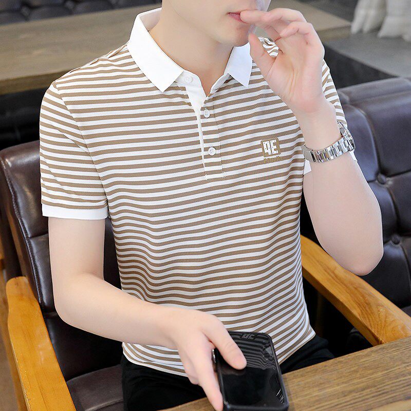 质感条纹Polo衫男短袖夏季潮流休闲有领t恤ins潮牌保罗纯棉上衣服