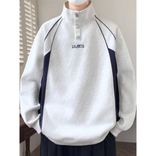 2026新款潮牌宽松立领卫衣男士春秋季长袖T恤青少年加绒加厚上衣