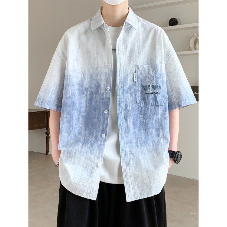 纯棉短袖衬衫男款夏季薄款宽松休闲初高中学生衬衣青少年透气开衫