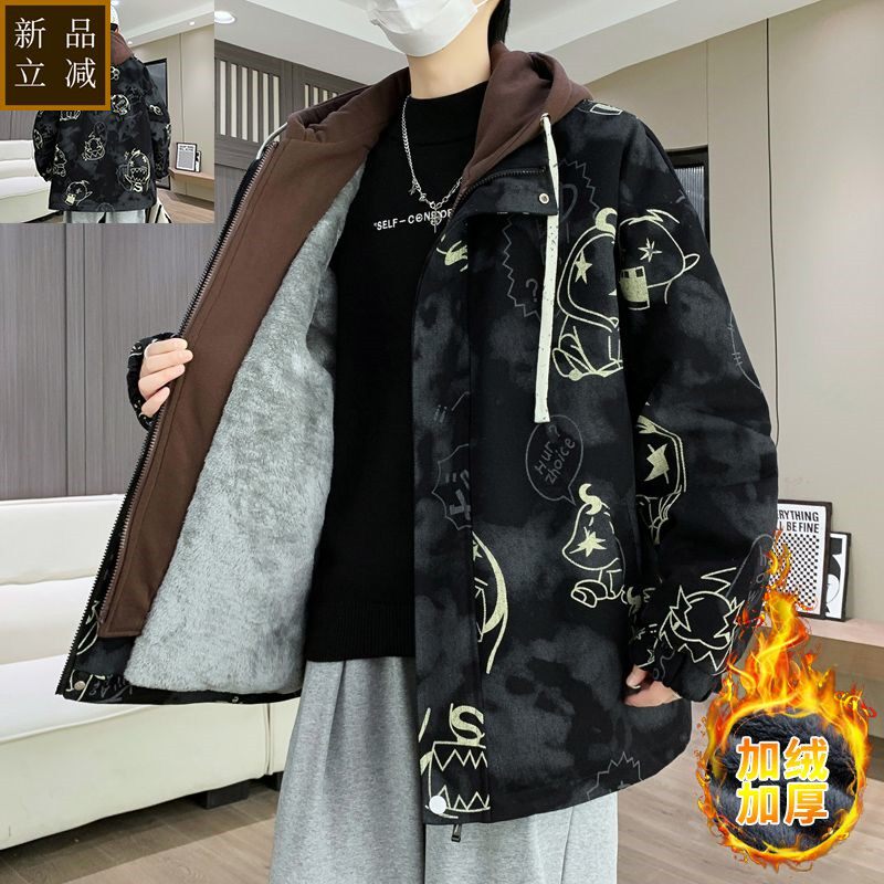 牛仔棉衣男冬季加绒加厚假两件外套夹克新款青少年学生保暖派克服