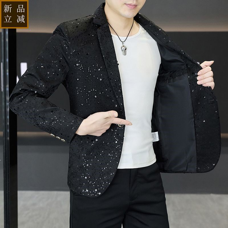 品质新款春季青少年修身西装男士西服外套韩版帅气上衣时尚亮片演