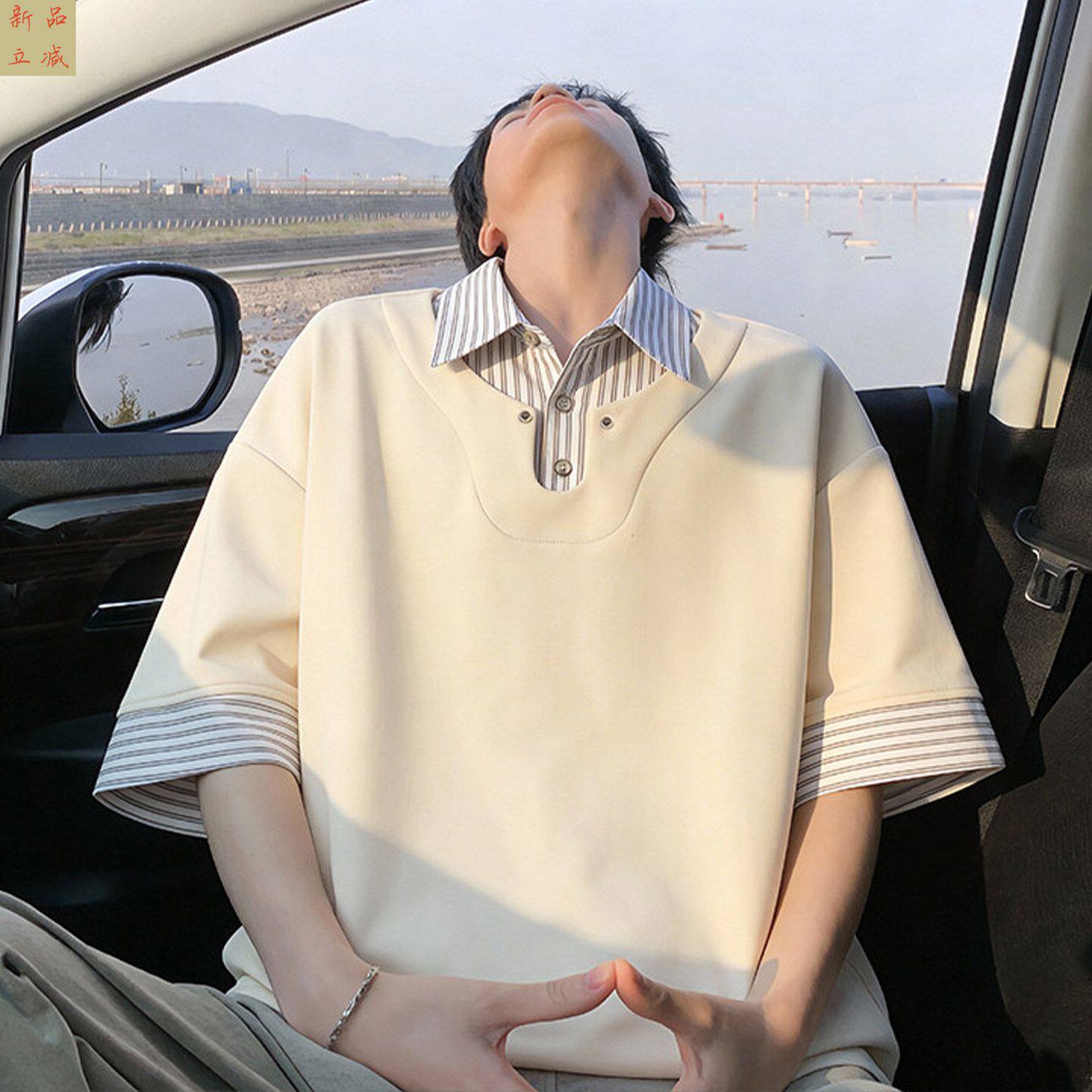 假两件条纹短袖Polo衫男夏季潮牌美式宽松半袖t恤男士高级感上衣