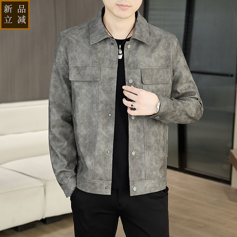 品质高级感时尚简约皮衣男士翻领机车皮外套潮牌修身pu皮夹克欧货