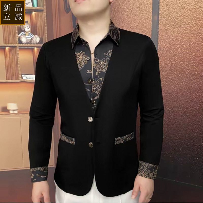 品质春秋季假两件衬衫领外套男欧版时尚潮流拼接卫衣青年帅气百搭