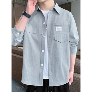 工装衬衫男长袖春秋夏季新款潮牌翻领休闲外套痞帅男宽松日系衬衣