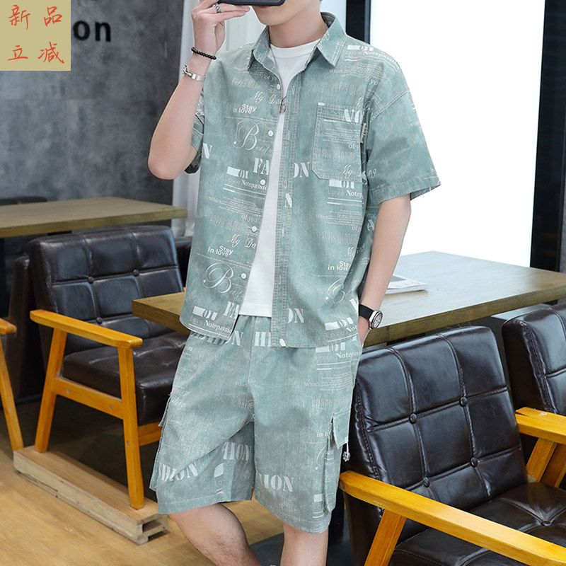 休闲运动套装男士夏季潮流牛仔纯棉短袖衬衫短裤一套男装帅气搭配