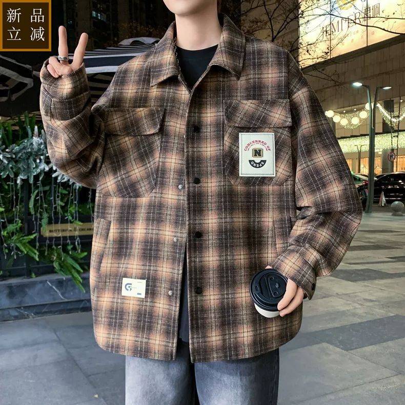 品质青少年帅气格子夹克男士宽松百搭休闲衬衫复古港风毛呢外套衬