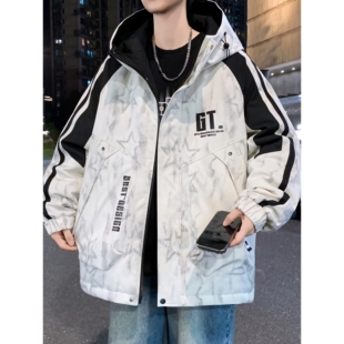 连帽外套男春秋2026新款潮牌扎染秋冬季夹克男加绒宽松青少年上衣