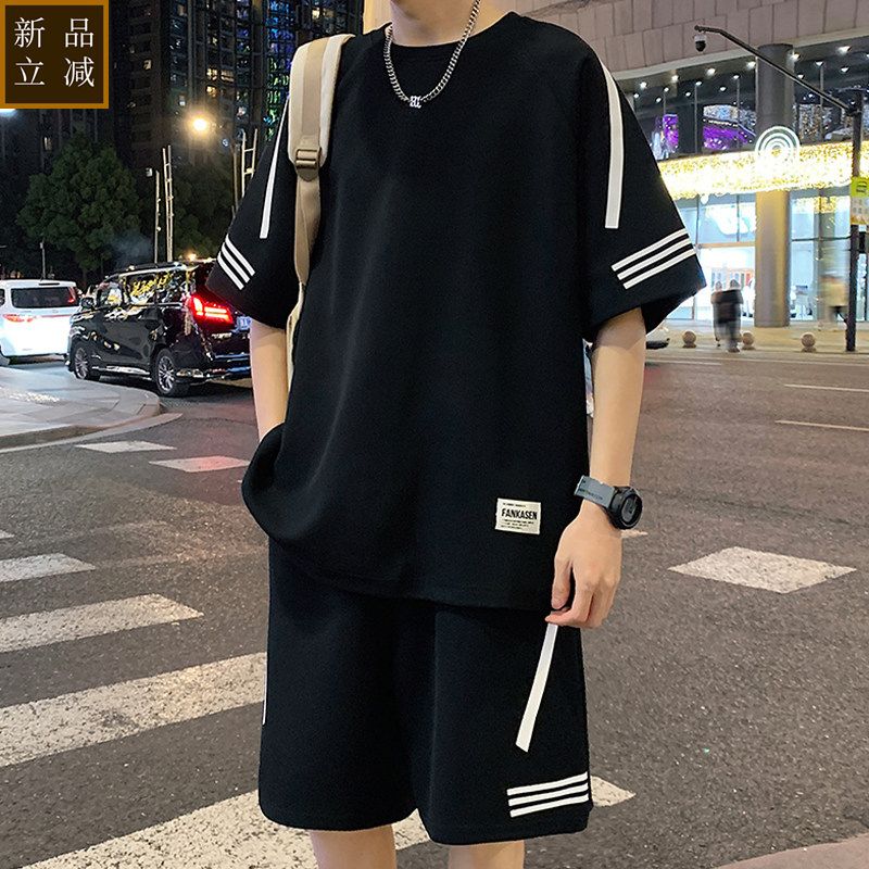 休闲运动套装男夏季短袖t恤男黑色半袖男体恤青少年一套帅气搭配T