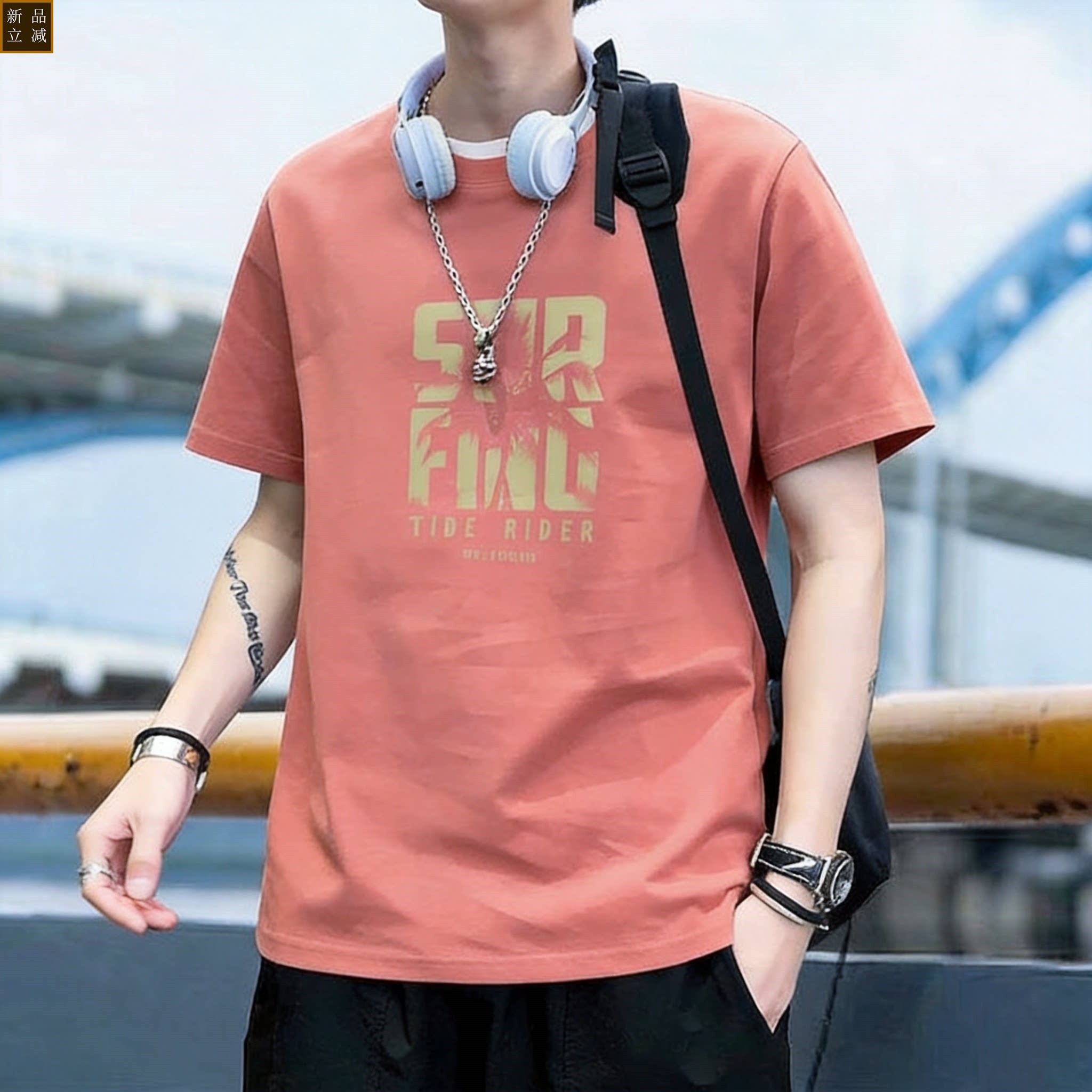 港风潮牌圆领纯棉短袖T恤男款初中学生夏季宽松印花落肩袖上衣服