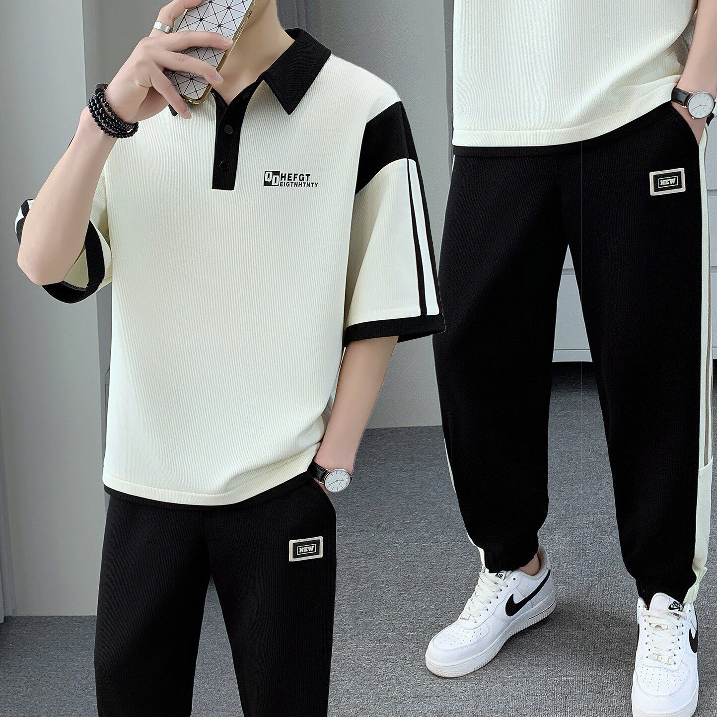 夏季短袖休闲T恤套装男士潮流polo衫运动长裤子青少年搭配一整套