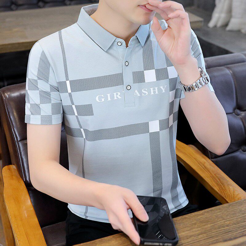 高端时尚年轻人polo衫夏天带领上衣服格子印花短袖T恤男夏季