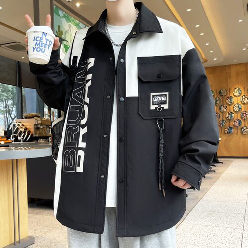 衬衫外套男款春夏季宽松拼接翻领衣服男装青少年潮牌休闲工装夹克