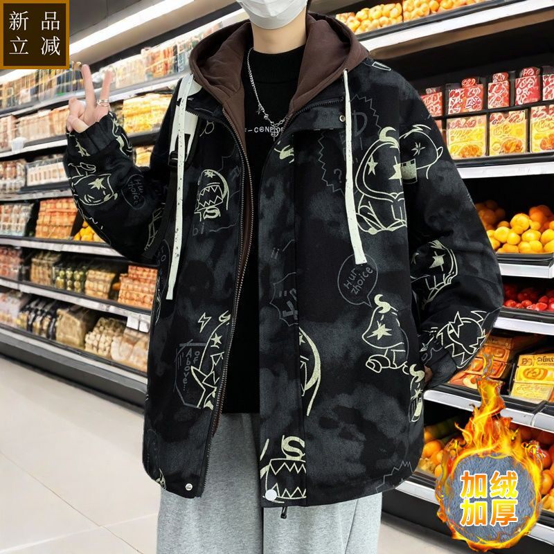 品质加绒牛仔外套男冬季新款潮牌加厚棉衣青少年学生爆款潮流连帽