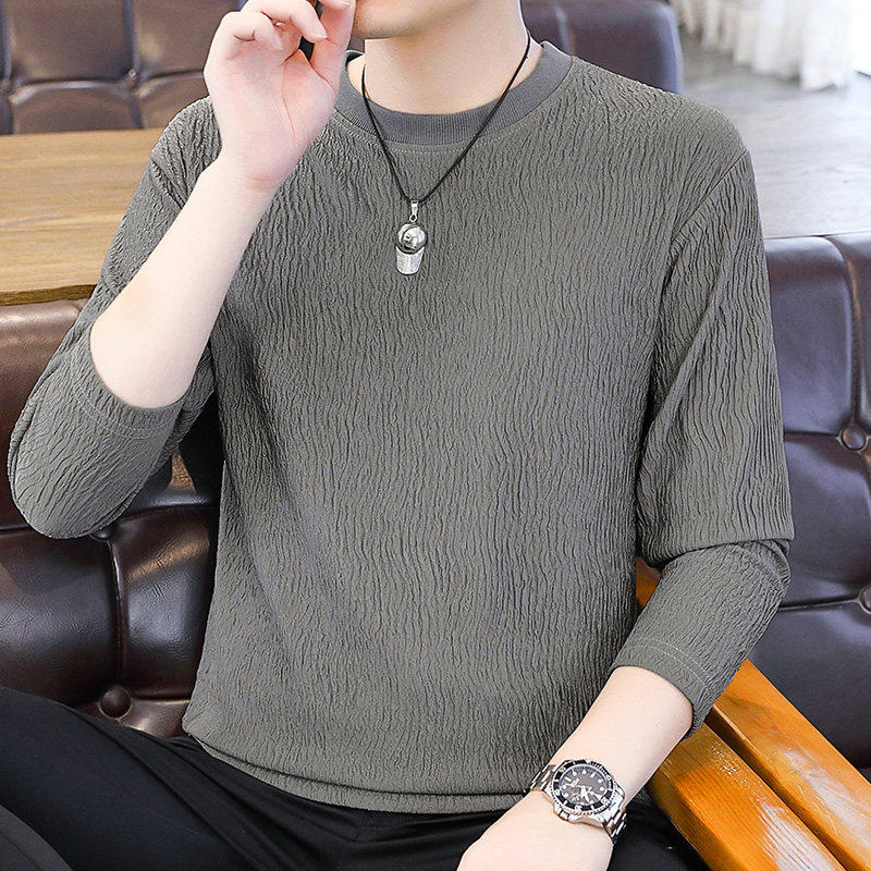 薄款长袖t恤男春秋季圆领内搭打底衫夏季高级感褶皱休闲冰丝上衣