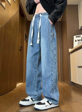 品质春秋季青少年新款牛仔裤男松紧腰百搭长裤初高中生宽松直筒休