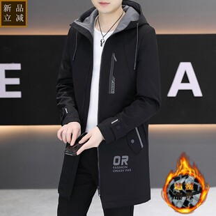 品质秋冬中长款连帽风衣男士潮流新款韩版夹克加绒加厚保暖中长款