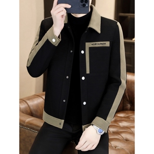 高级感翻领夹克外套男士韩版修身潮流男装春秋装拼接撞色休闲上衣