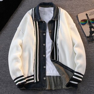 针织外套男款春秋季潮牌翻领牛仔夹克男秋冬青少年开衫毛衣秋装男