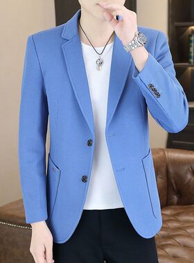 品质2026春秋新款华夫格休闲西装男轻商务通勤单西韩版修身小西服