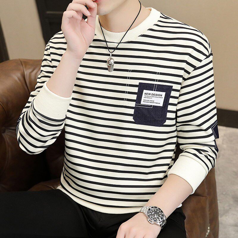 条纹长袖t恤春秋季薄款圆领套头卫衣男士冬季加绒保暖打底内衣