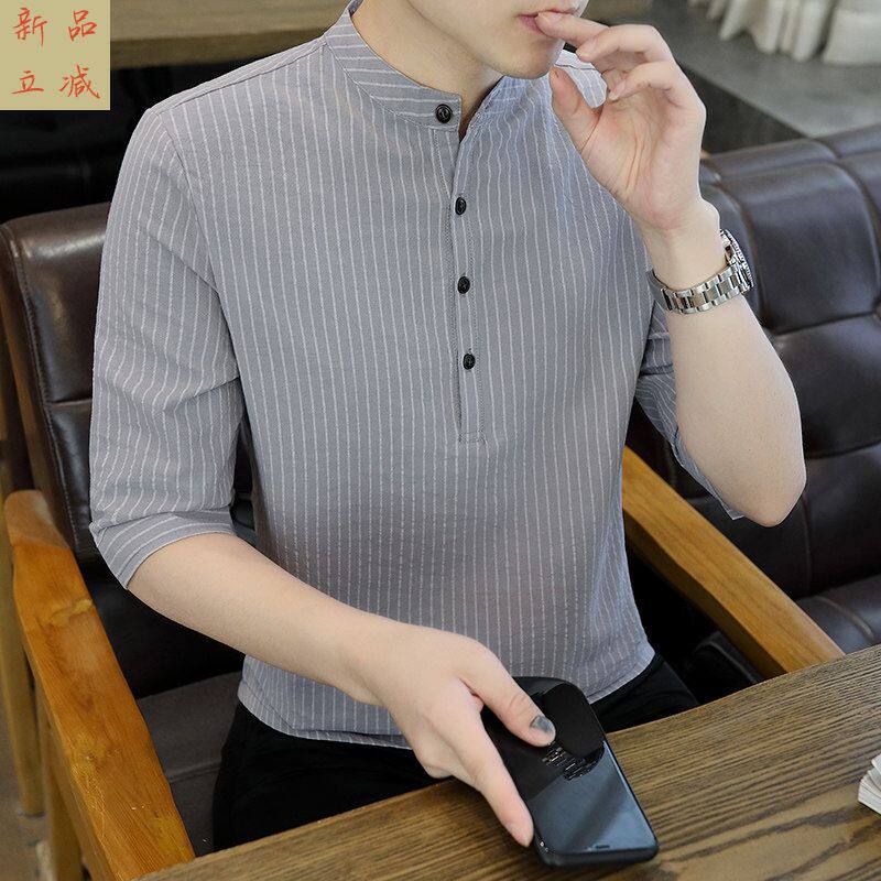 七分袖衬衫男士薄款条纹立领夏季中袖中国风复古纯棉半截袖T恤衫