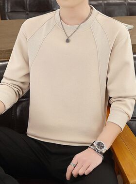 品质春季新款男士卫衣纯色线条拼接圆领套头长袖t恤韩版休闲潮流