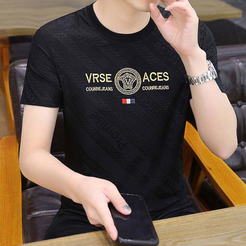 夏季高端烫钻冰丝体恤衫透气薄款上衣服潮牌刺绣桑蚕丝短袖t恤男