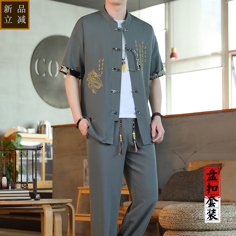 冰丝短袖T恤套装男夏季2026新款韩版潮流唐装汉服中国风男装一套