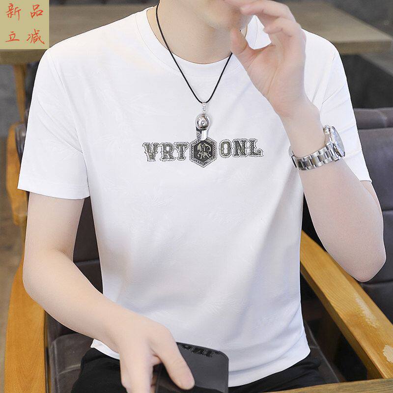 短袖夏季时尚潮流烫钻冰丝圆领体恤半袖上衣高端大牌暗花t恤男人