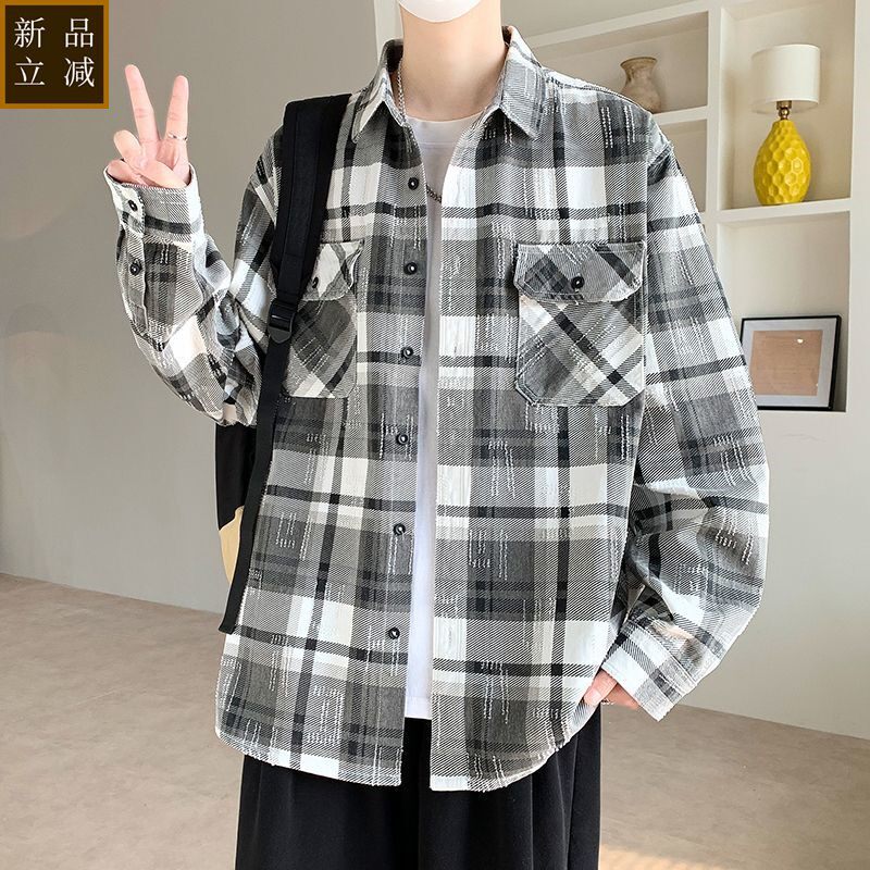 品质青少年学生格子衬衫外套男生长袖春秋季翻领百搭男装宽松休闲