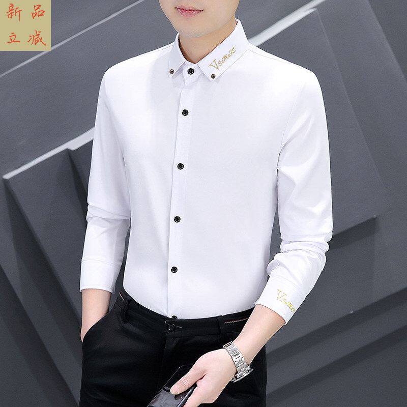 休闲抗皱寸衫男装加绒加厚保暖衬衣服刺绣长袖衬衫男士秋冬季潮流